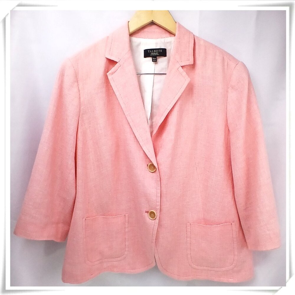 Talbots Petite Plus Pink White 3/4 Sleeve Short Button Front Summer Blazer GUC